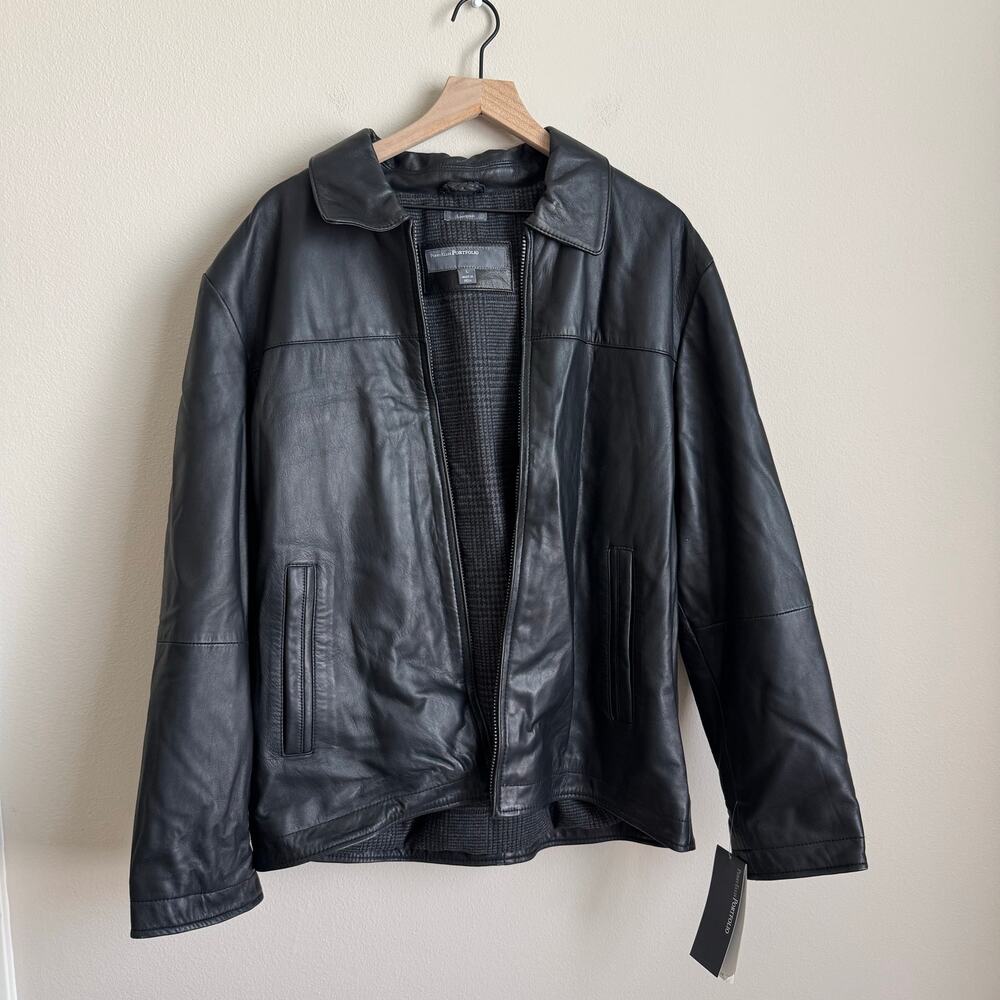 NWT Perry Ellis Portfolio Men Black Leather Zip Jacket Collar Pockets Size Large